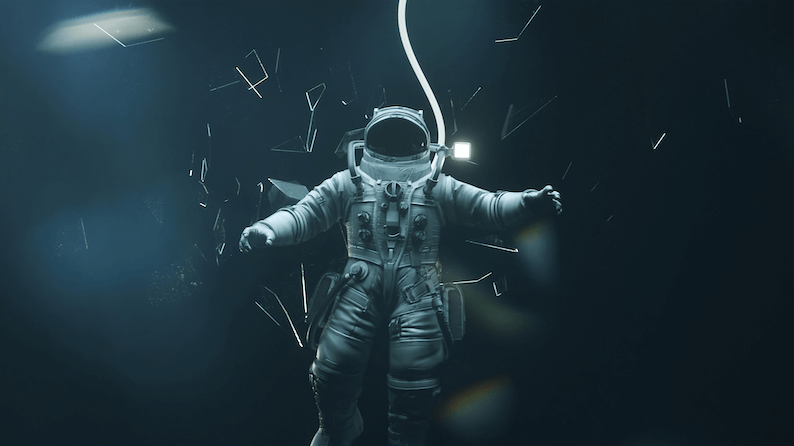 Astronaut is falling down in the outer space with broken mirrors